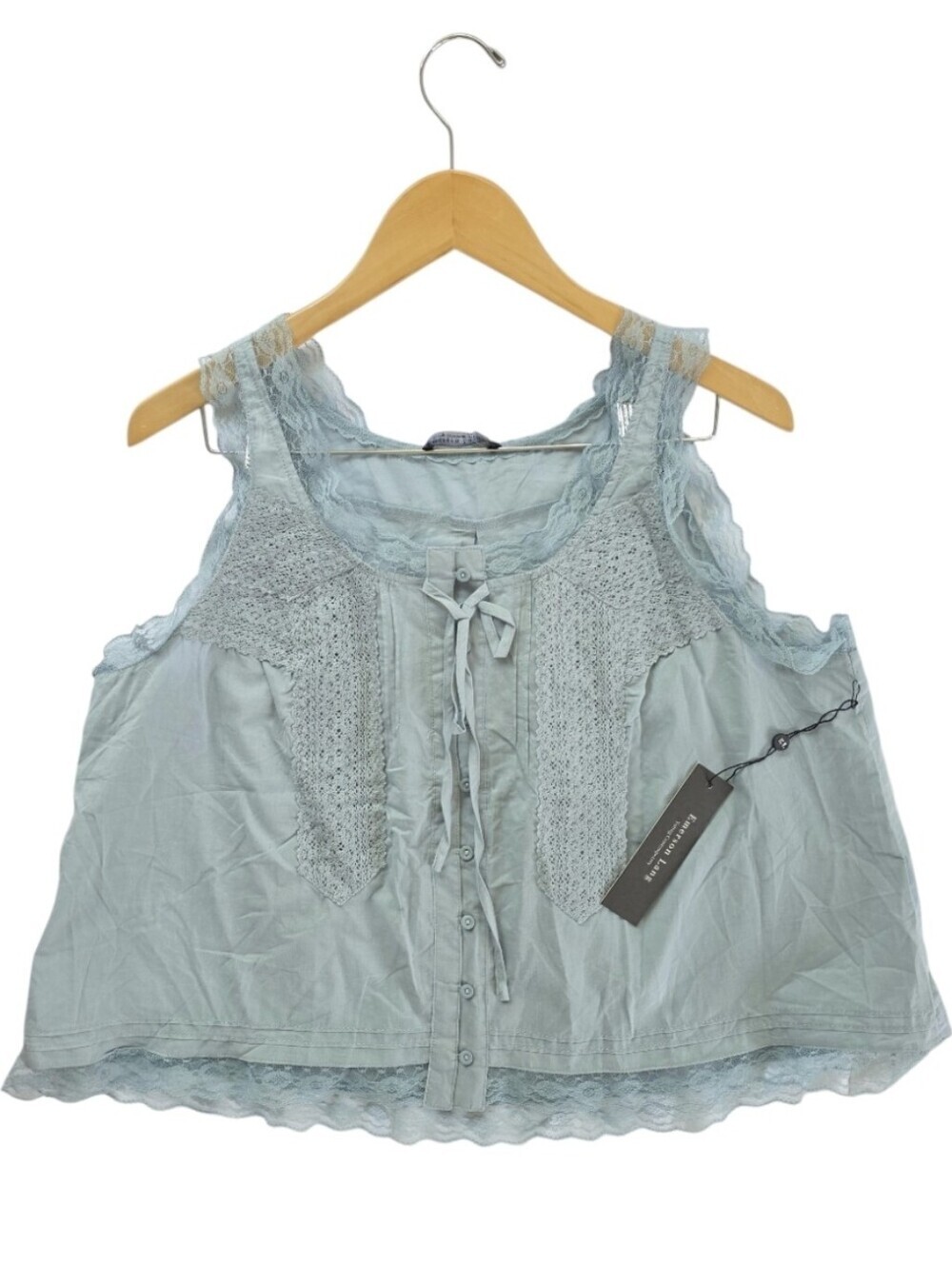 Sleeveless Light Blue Lace-Trim Tank Top with Front Tie